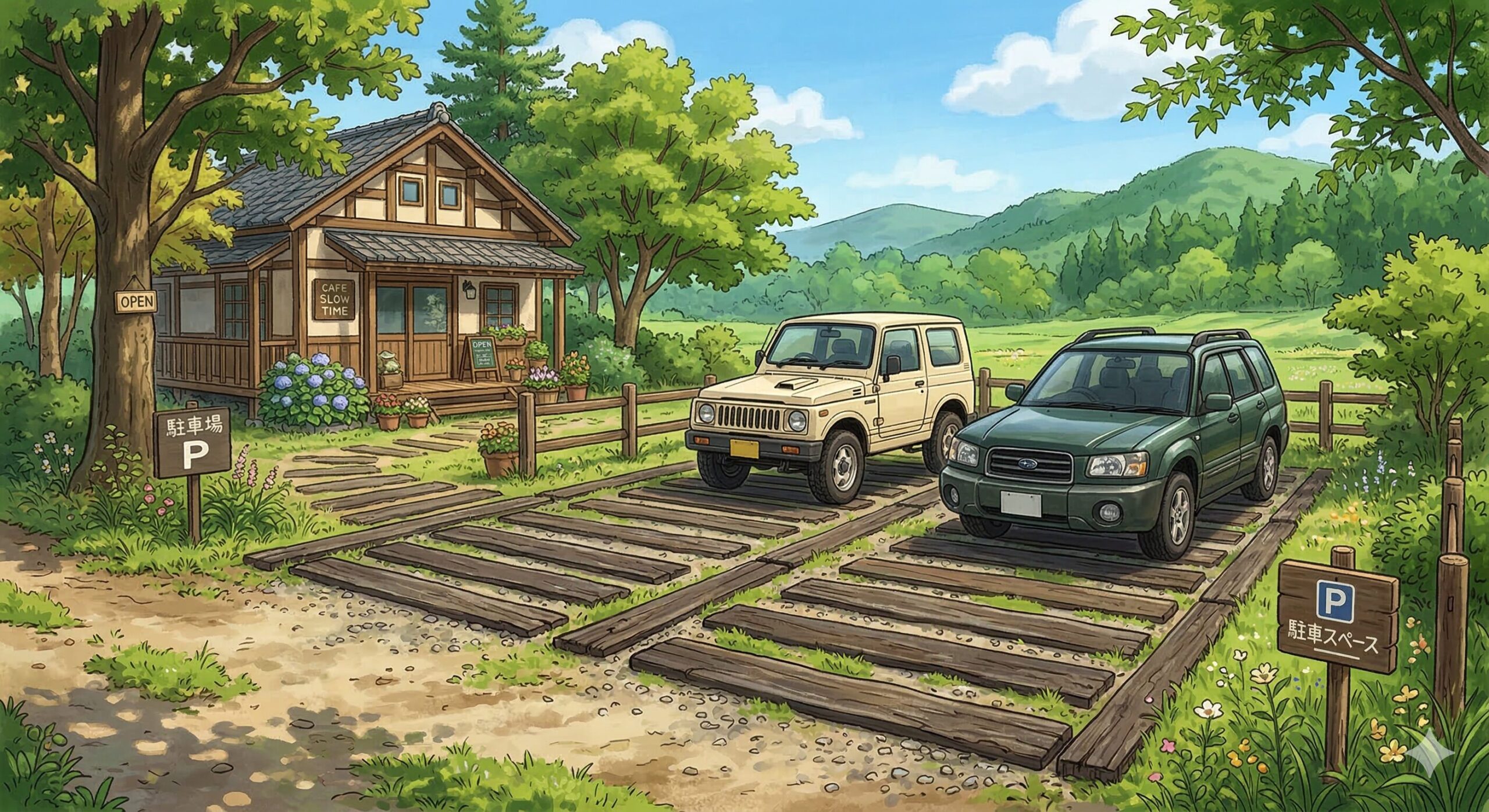 枕木の駐車場！天然素材の温もりを足元に